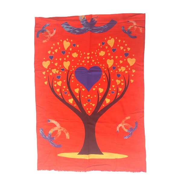 Vintage Chanel Multi-Color Red Tree Hearts Print Blanket Scarf Scarves Wrap - Picture 2 of 8